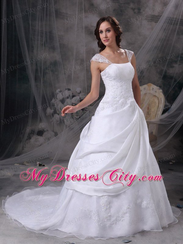 Square Train Satin and Organza Embriodery Decorated Wedding Dress